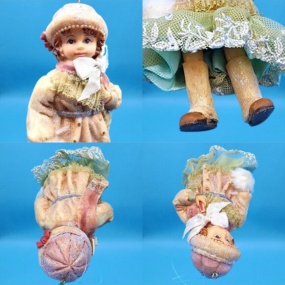 Victorian Girl Ornaments Dangle Legs Mauve Ivory Burgundy Christmas Set of 3 - Picture 8 of 8